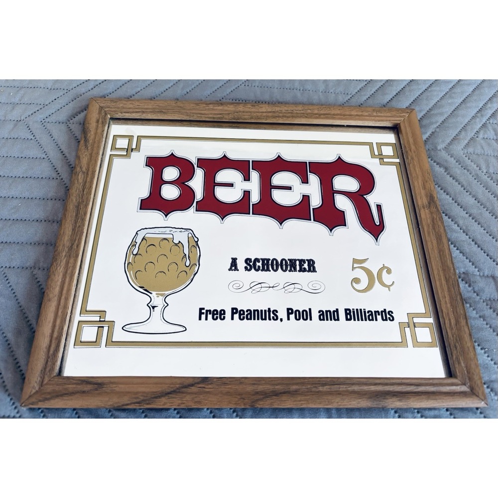Vintage Beer 5 Cent Schooner Framed Mirror Bar Pub Sign Man Cave Garage 13 X 11